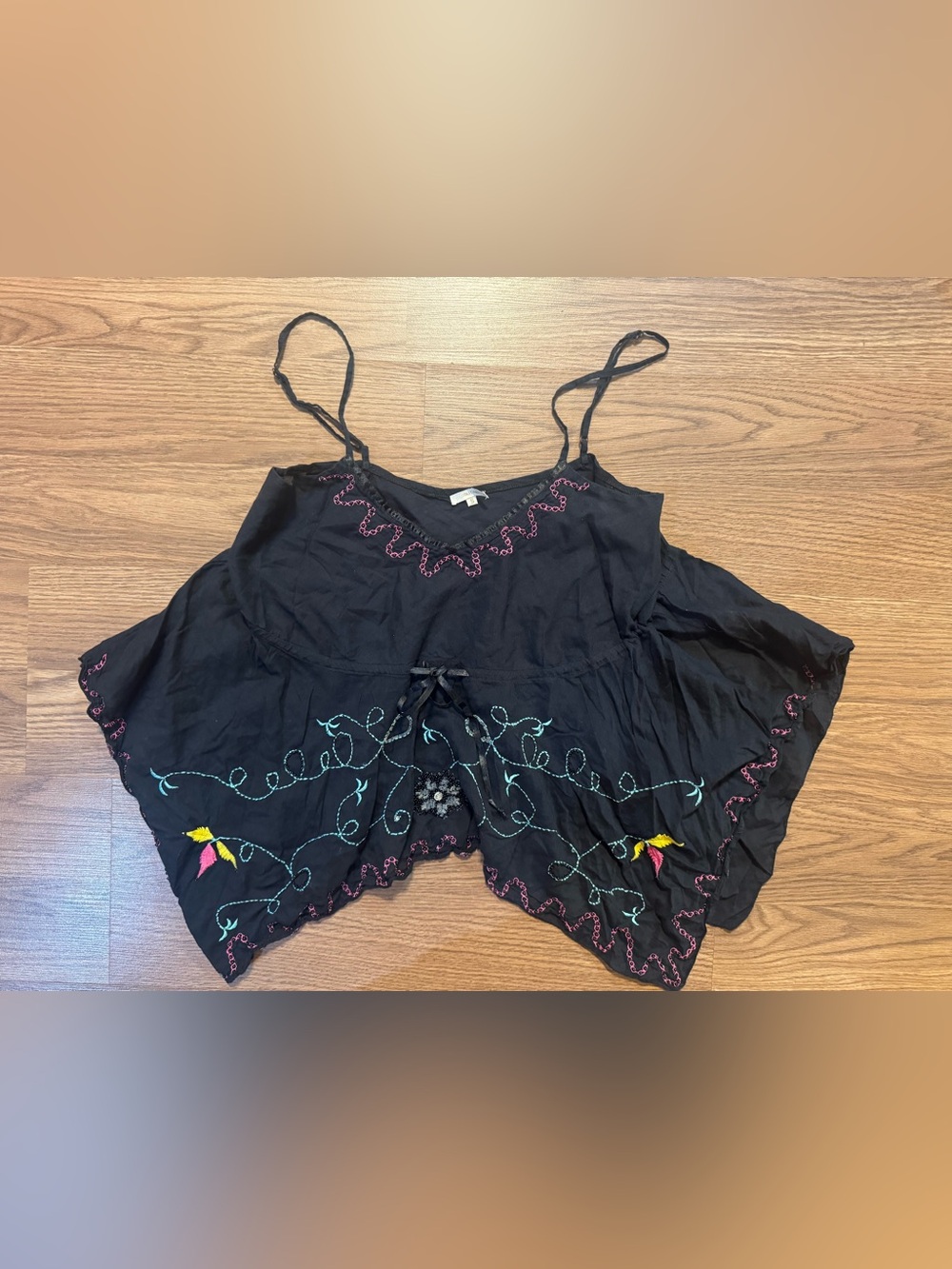 Embroidered Black Spaghetti Strap  Top